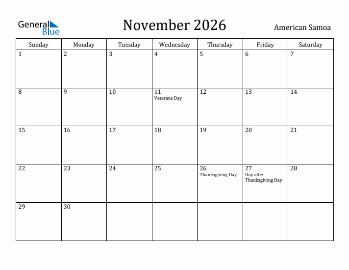 November 2026 Calendar American Samoa