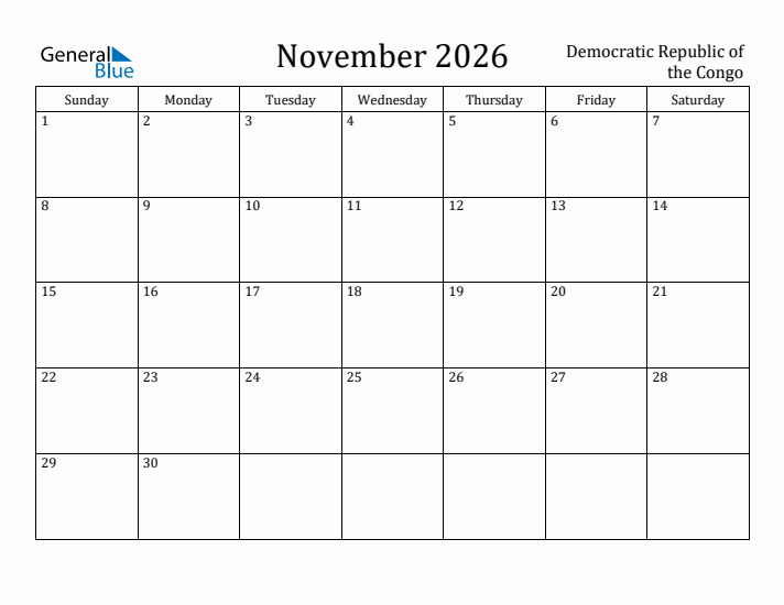 November 2026 Calendar Democratic Republic of the Congo