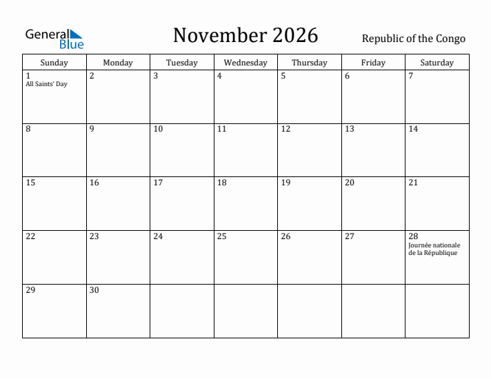 November 2026 Calendar Republic of the Congo