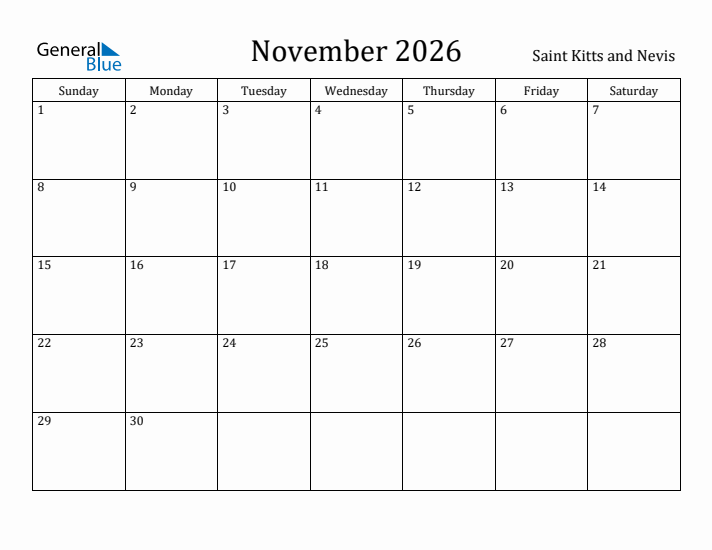 November 2026 Calendar Saint Kitts and Nevis