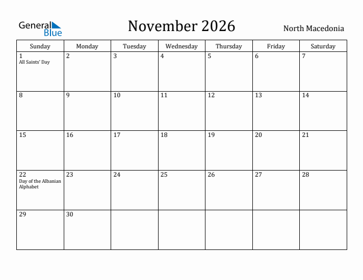 November 2026 Calendar North Macedonia