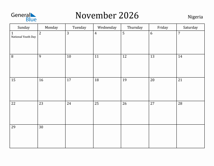 November 2026 Calendar Nigeria