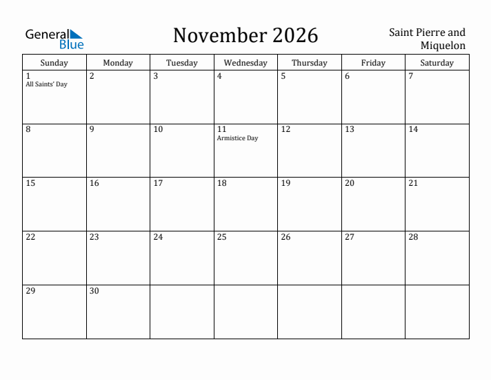 November 2026 Calendar Saint Pierre and Miquelon