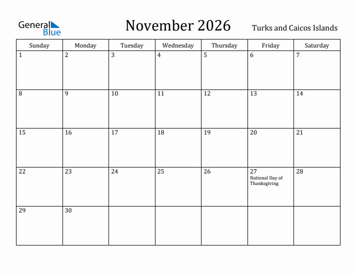 November 2026 Calendar Turks and Caicos Islands