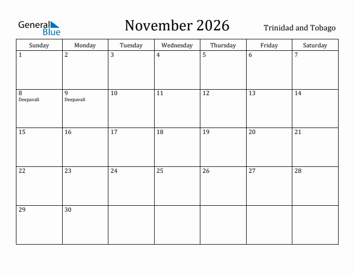 November 2026 Calendar Trinidad and Tobago