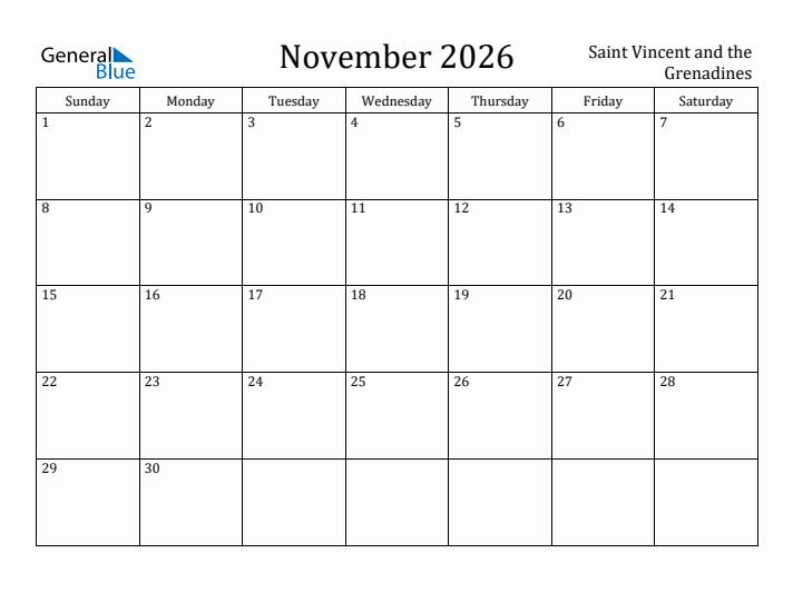 November 2026 Calendar Saint Vincent and the Grenadines