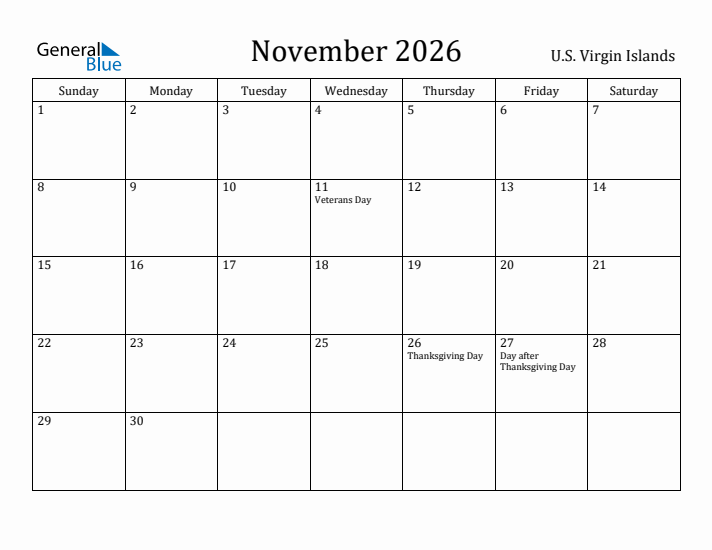 November 2026 Calendar U.S. Virgin Islands