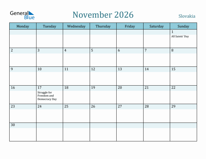 November 2026 Calendar with Holidays