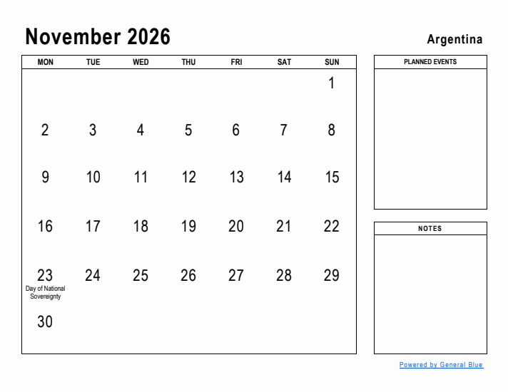 November 2026 Printable Monthly Calendar with Argentina Holidays