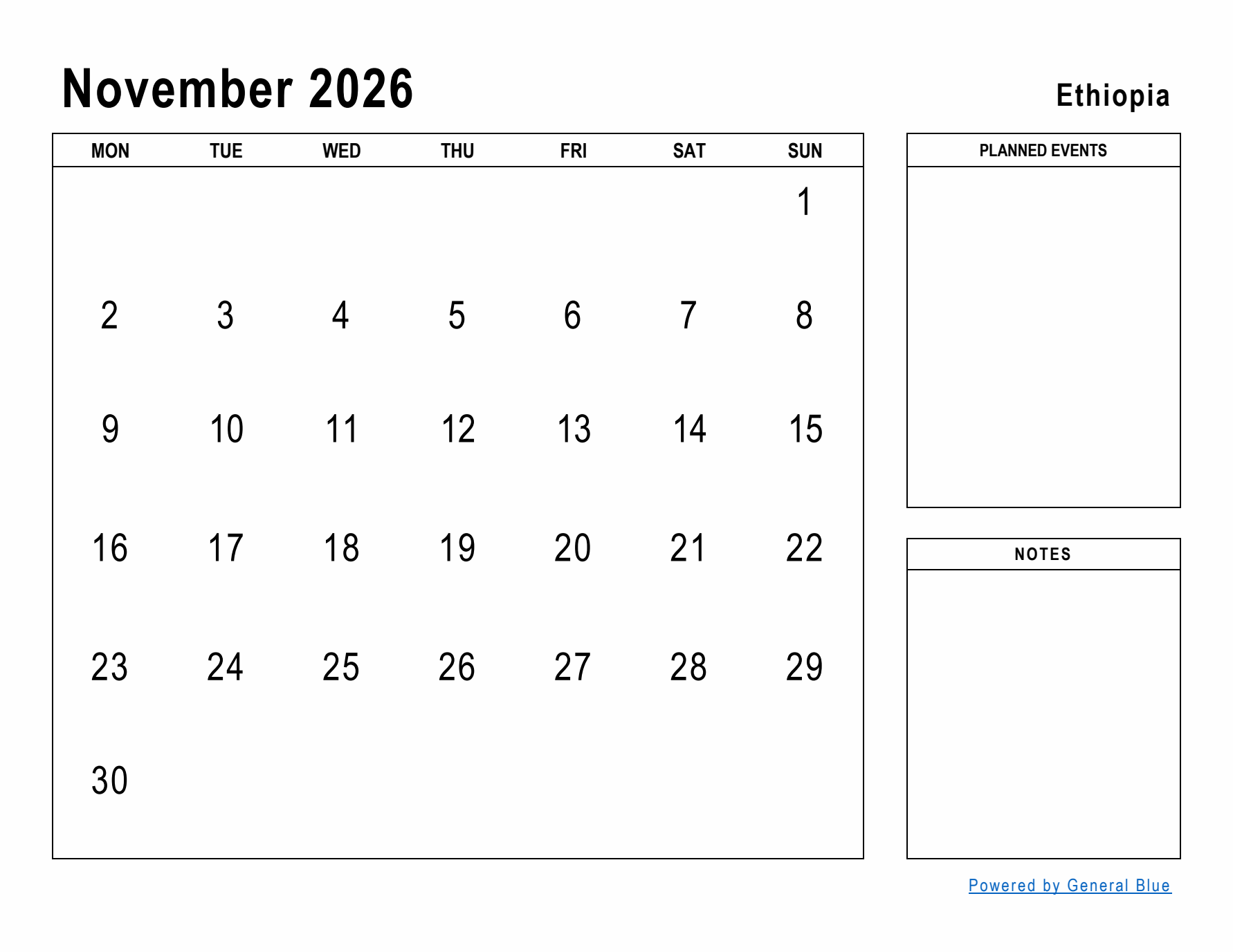 November 2026 Printable Monthly Calendar with Ethiopia Holidays