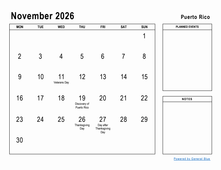 November 2026 Printable Monthly Calendar with Puerto Rico Holidays