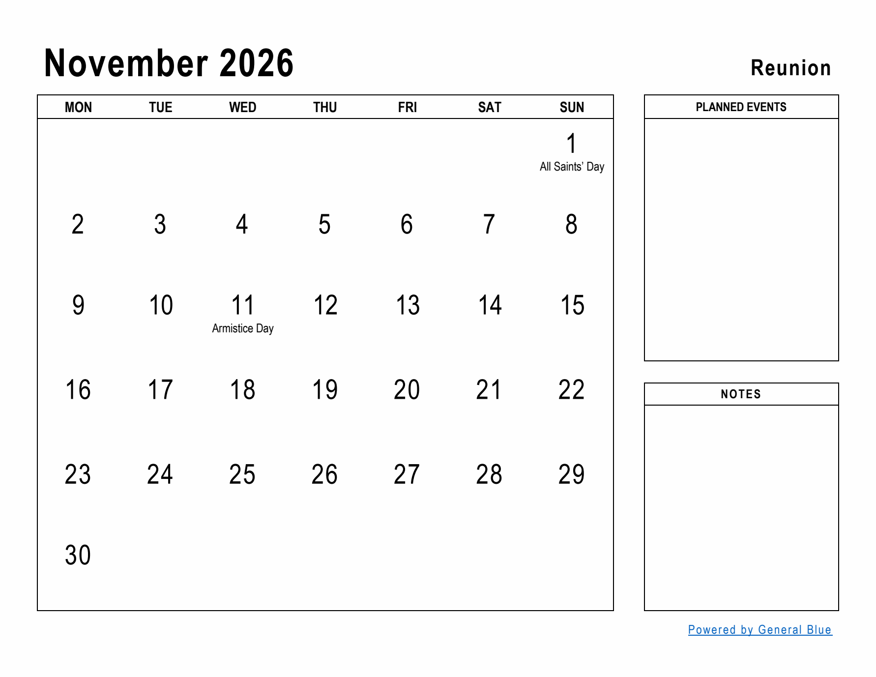 November 2026 Printable Monthly Calendar with Reunion Holidays