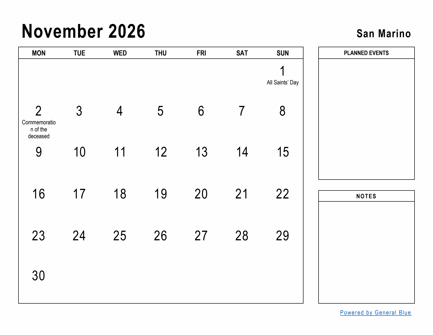 November 2026 Printable Monthly Calendar with San Marino Holidays