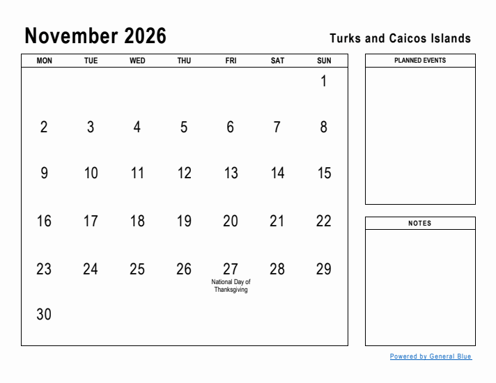 November 2026 Printable Monthly Calendar with Turks and Caicos Islands Holidays