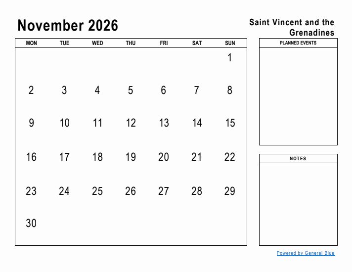 November 2026 Printable Monthly Calendar with Saint Vincent and the Grenadines Holidays