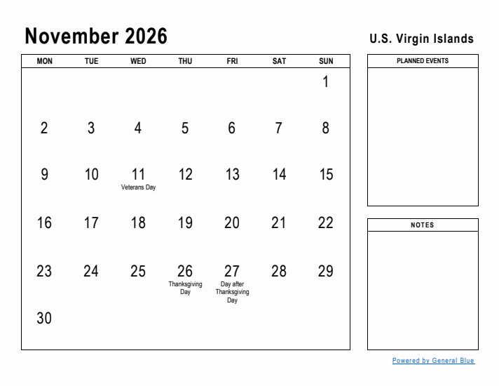 November 2026 Printable Monthly Calendar with U.S. Virgin Islands Holidays