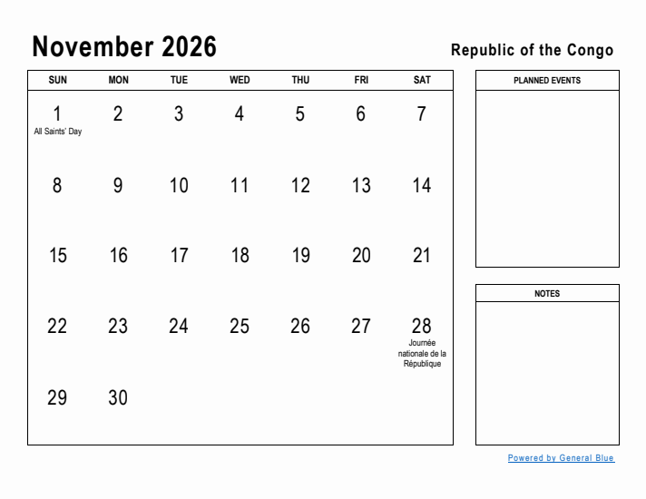 November 2026 Printable Monthly Calendar with Republic of the Congo Holidays