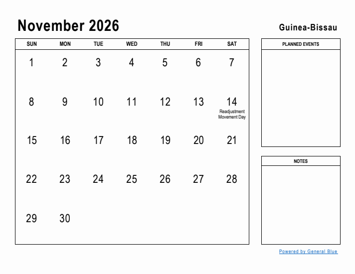 November 2026 Printable Monthly Calendar with Guinea-Bissau Holidays