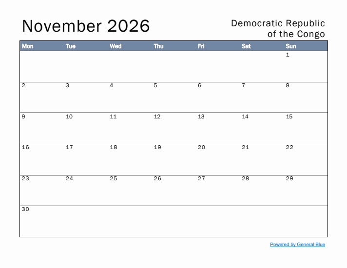 November 2026 Simple Monthly Calendar for Democratic Republic of the Congo