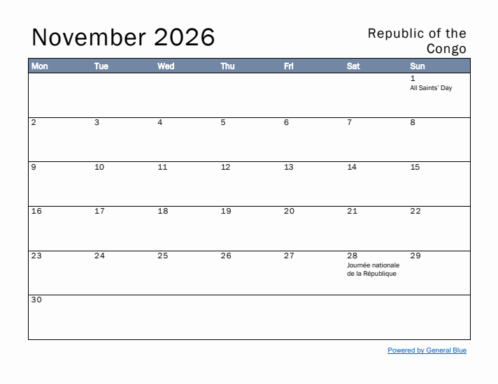November 2026 Simple Monthly Calendar for Republic of the Congo