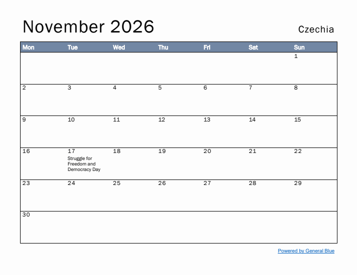November 2026 Simple Monthly Calendar for Czechia