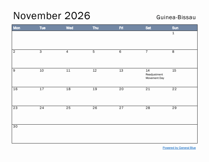 November 2026 Simple Monthly Calendar for Guinea-Bissau