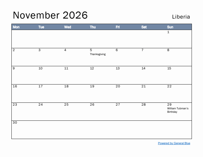 November 2026 Simple Monthly Calendar for Liberia