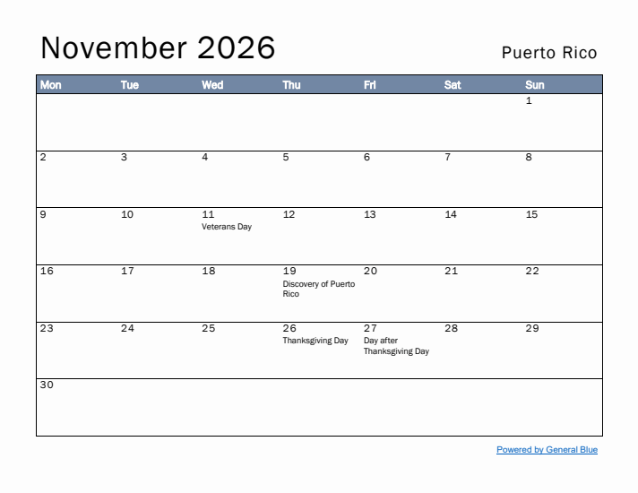 November 2026 Simple Monthly Calendar for Puerto Rico