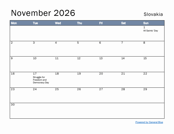 November 2026 Simple Monthly Calendar for Slovakia
