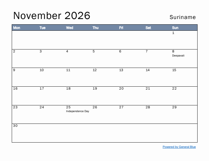 November 2026 Simple Monthly Calendar for Suriname
