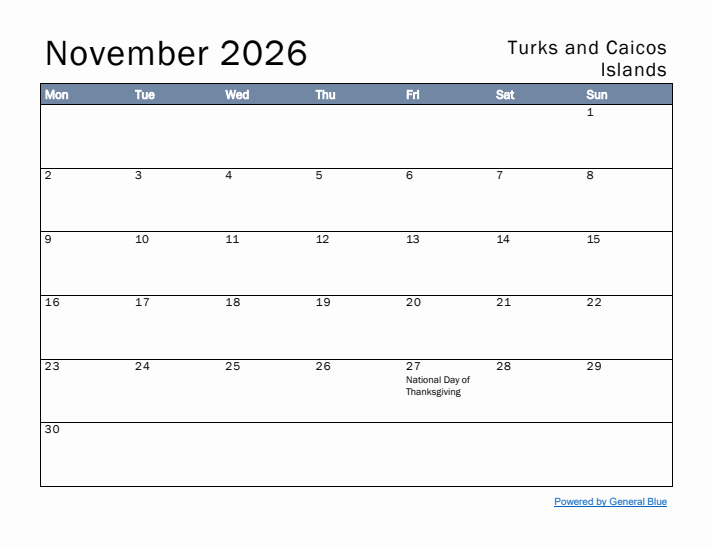 November 2026 Simple Monthly Calendar for Turks and Caicos Islands