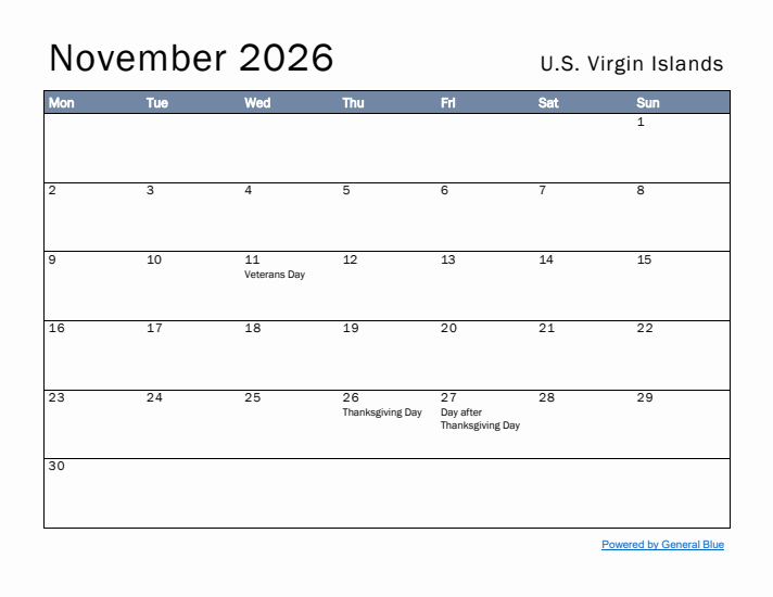 November 2026 Simple Monthly Calendar for U.S. Virgin Islands
