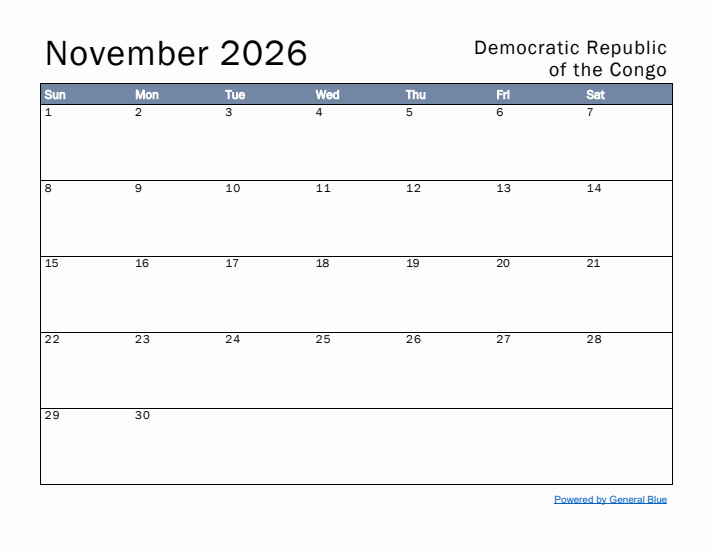 November 2026 Simple Monthly Calendar for Democratic Republic of the Congo