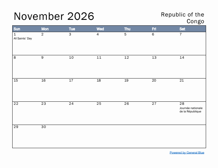 November 2026 Simple Monthly Calendar for Republic of the Congo