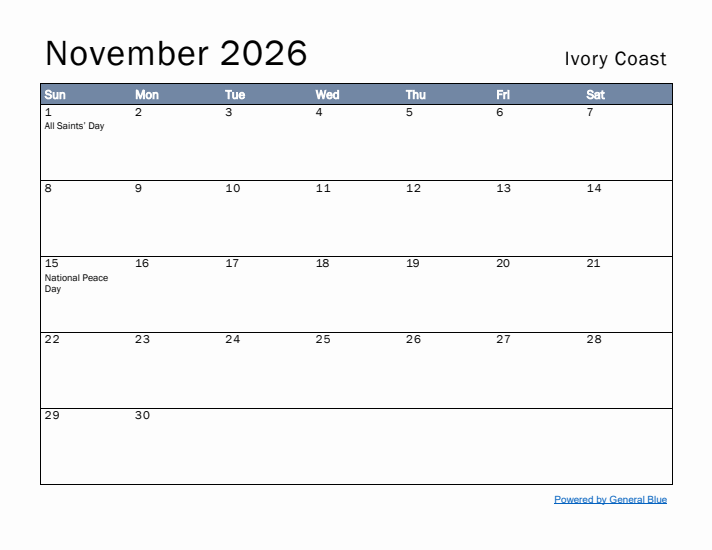 November 2026 Simple Monthly Calendar for Ivory Coast