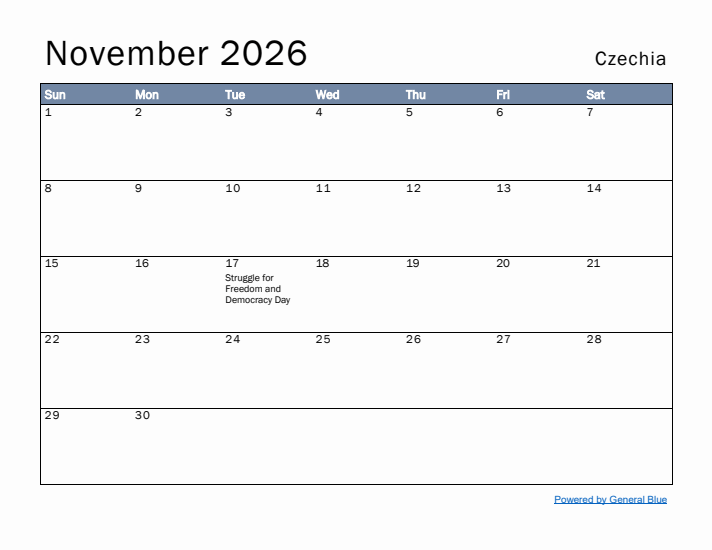 November 2026 Simple Monthly Calendar for Czechia