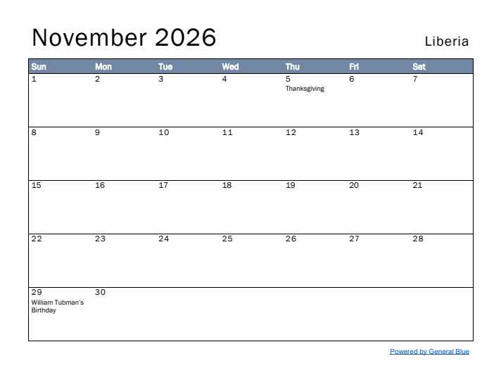 November 2026 Simple Monthly Calendar for Liberia