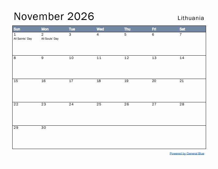 November 2026 Simple Monthly Calendar for Lithuania
