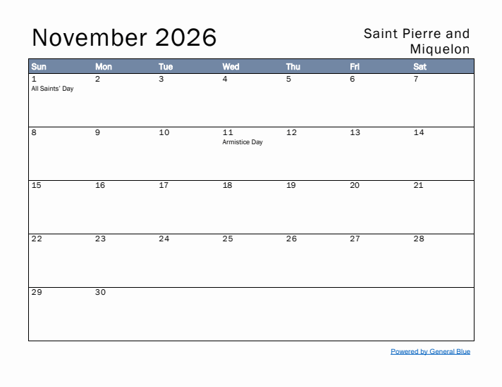 November 2026 Simple Monthly Calendar for Saint Pierre and Miquelon