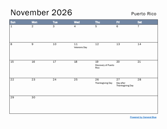 November 2026 Simple Monthly Calendar for Puerto Rico