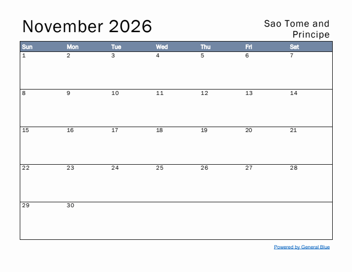 November 2026 Simple Monthly Calendar for Sao Tome and Principe