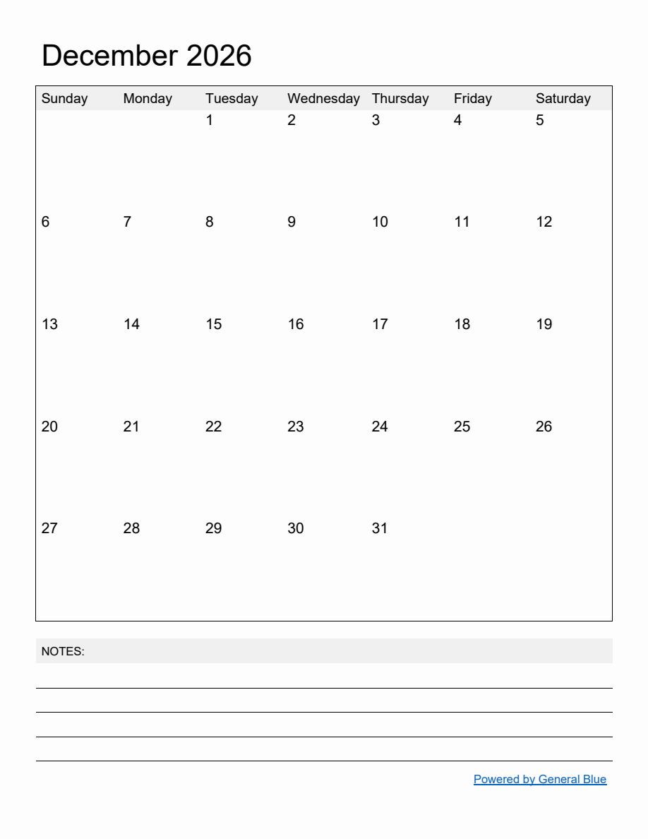Free Printable Monthly Calendar for December 2026