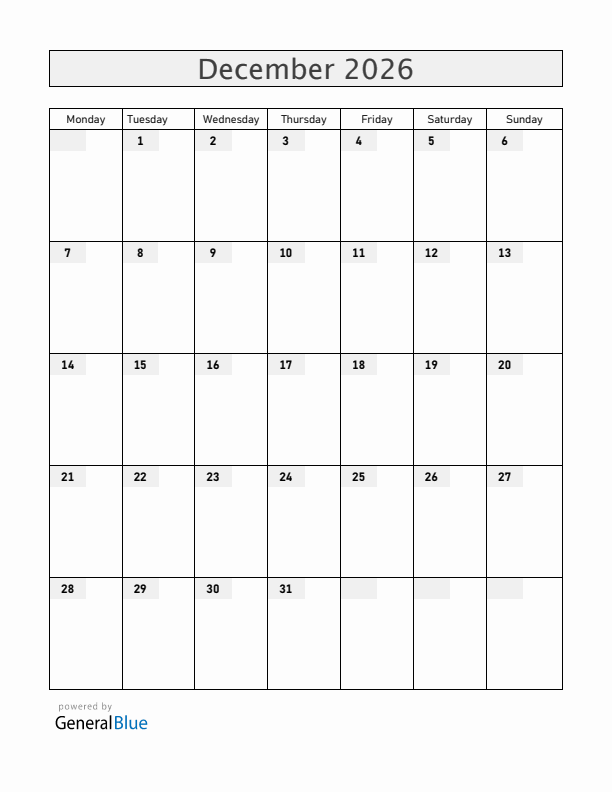 Blank December 2026 Calendar