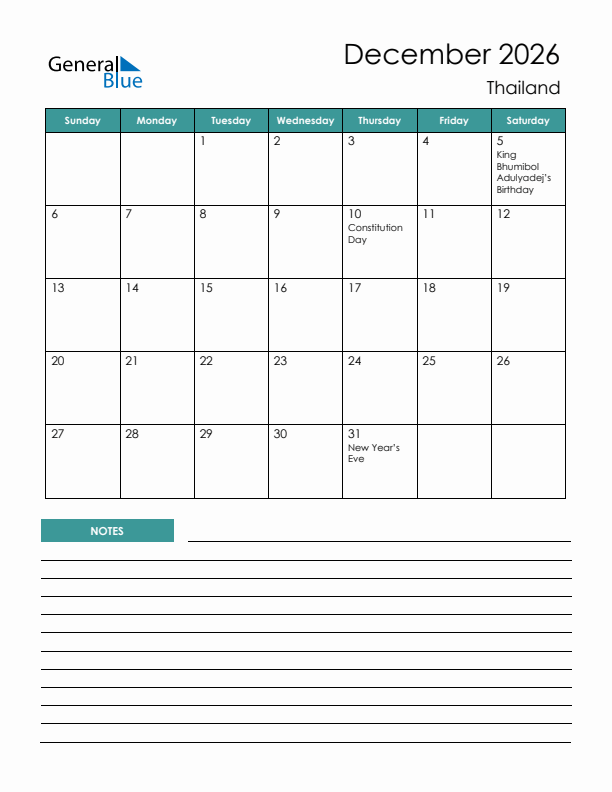 Calendar with Notes Printable - Sunday Start