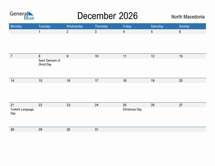 Fillable December 2026 Calendar