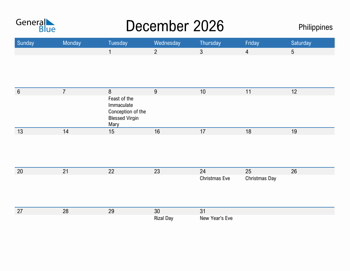 December 2026 Monthly Calendar with Philippines Holidays