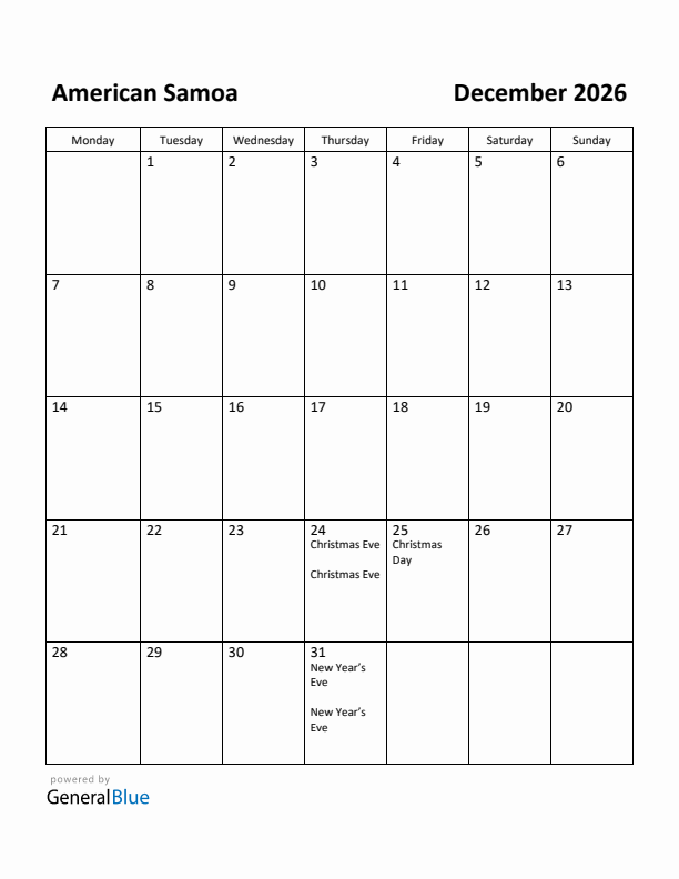 December 2026 Calendar with American Samoa Holidays
