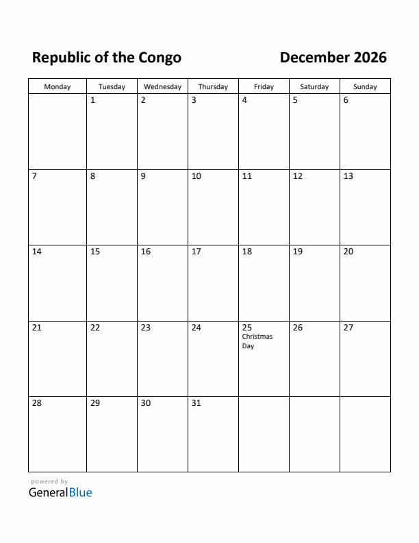 December 2026 Calendar with Republic of the Congo Holidays
