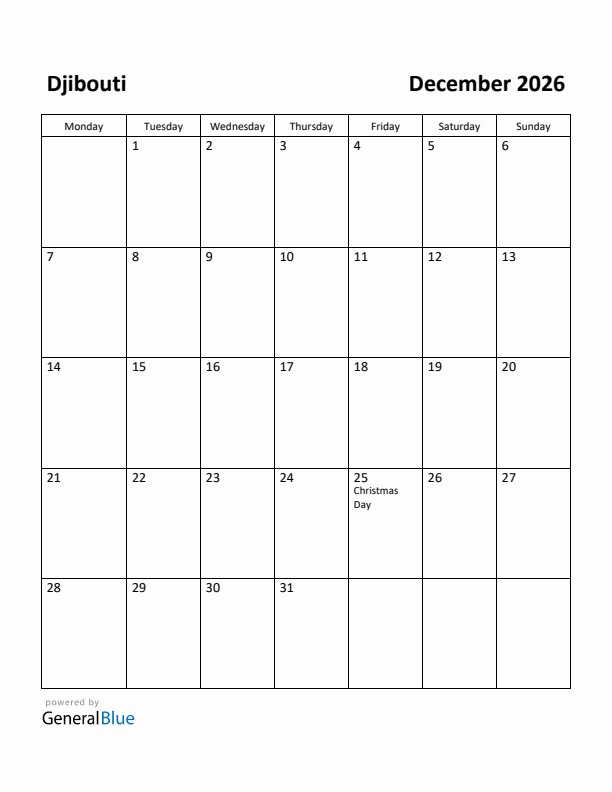 December 2026 Calendar with Djibouti Holidays