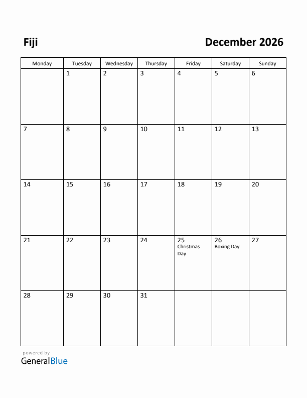 December 2026 Calendar with Fiji Holidays